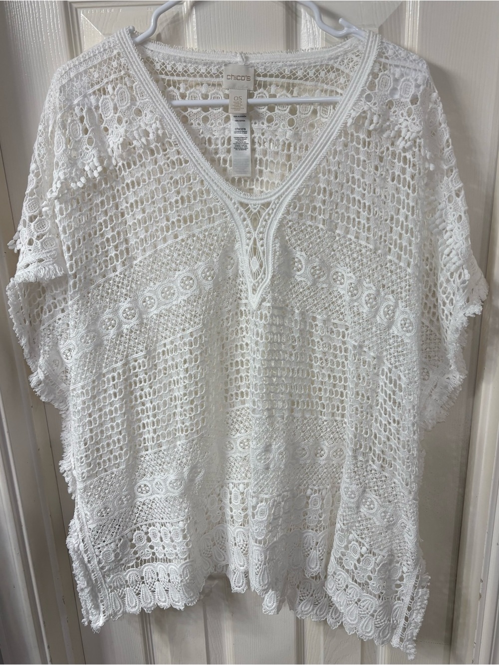 Chicos white lacy cotton loose fit cover up or flowy top-One Size